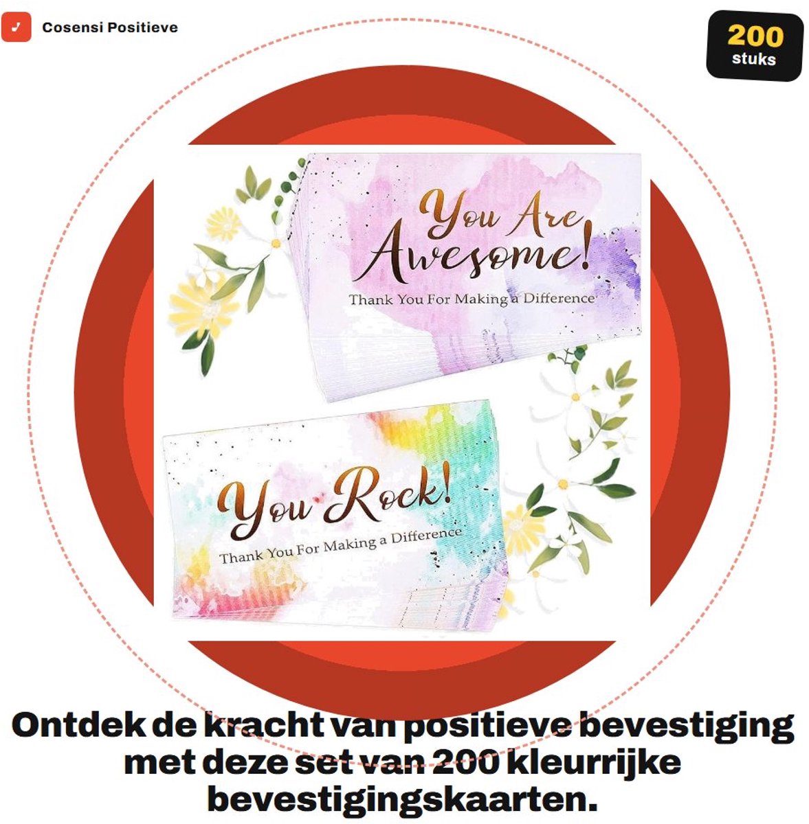 Dailygoods- Bevestigingskaarten 200 Stuks - You Are Awesome/You Rock Kaarten - Kleurrijke Waardering - Lofbriefkaarten - Hoogwaardig Papier - 5 x 9 cm - Waarderingskaarten