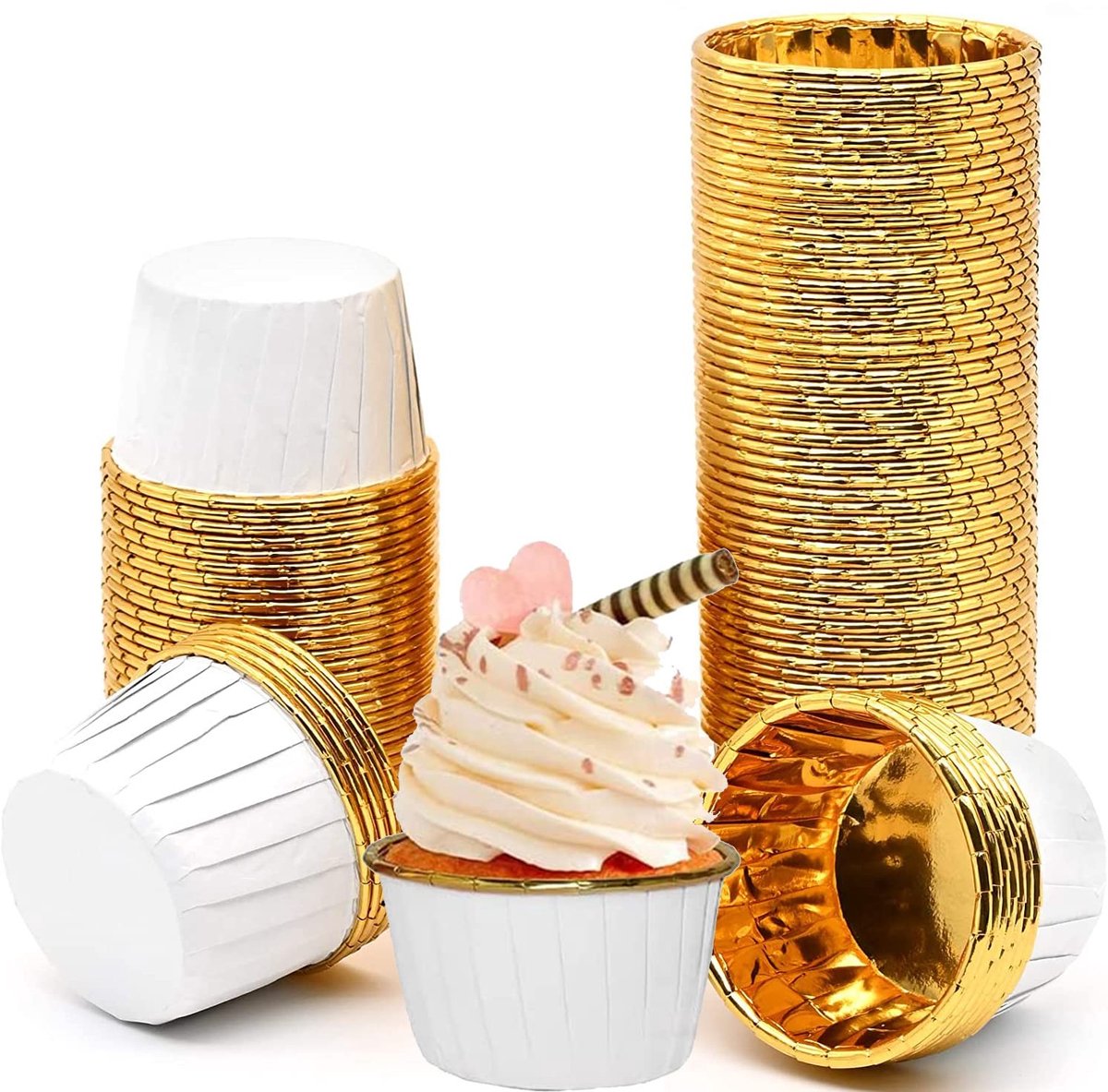 Dailygoods- Muffin Cases - Wegwerp Bakbekers - Cupcake Mallen - Aluminiumfoliepapier - Pack van 50 - Witgoud - Hoge Temperatuur Bestendig - Cupcakevormpjes