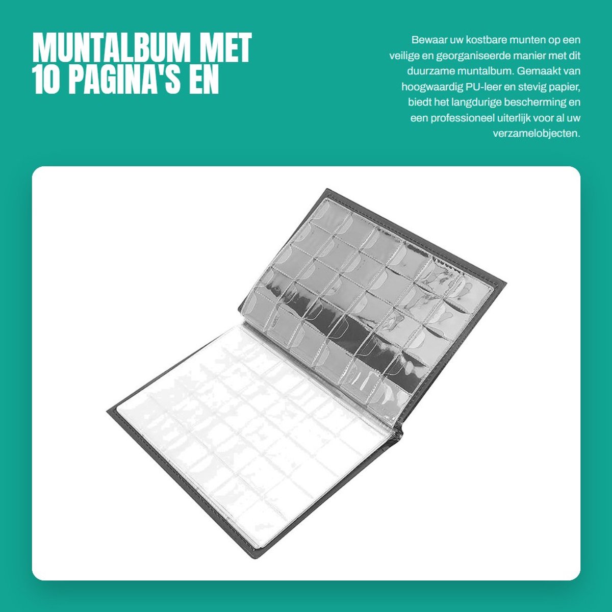 Dailygoods- Muntalbum 10 Pagina's - 250 Pockets - Duurzaam PU-leer - Lichtgewicht - Elegant Ontwerp - Professionele Bescherming - Muntenboek