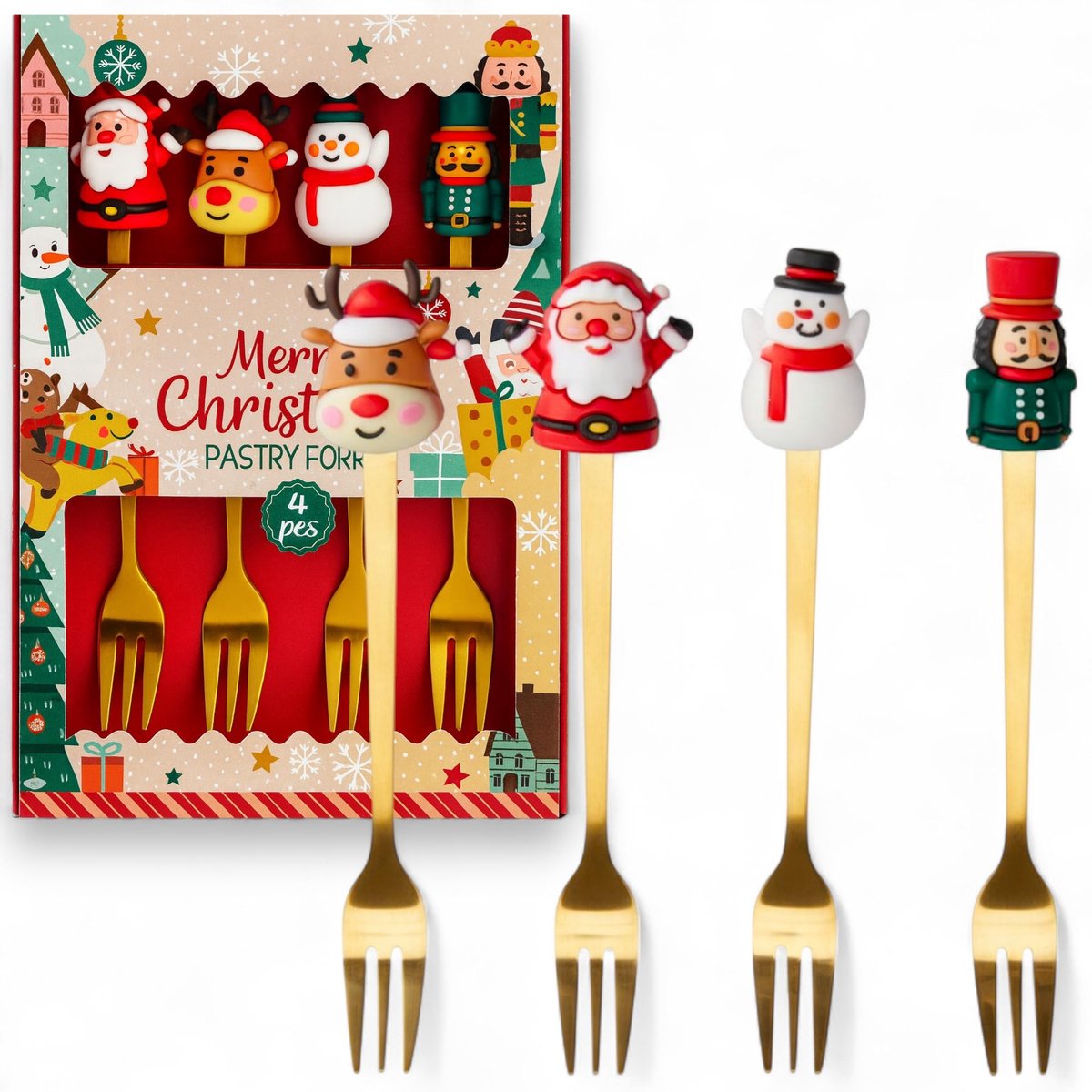 Dailygoods- Taartvorken 4-delig - Feestelijke Motiefvorken - Roestvrij Staal Goud - Kerstmis - XMAS Cadeauset - Nostalgische Figuren - Bestekset