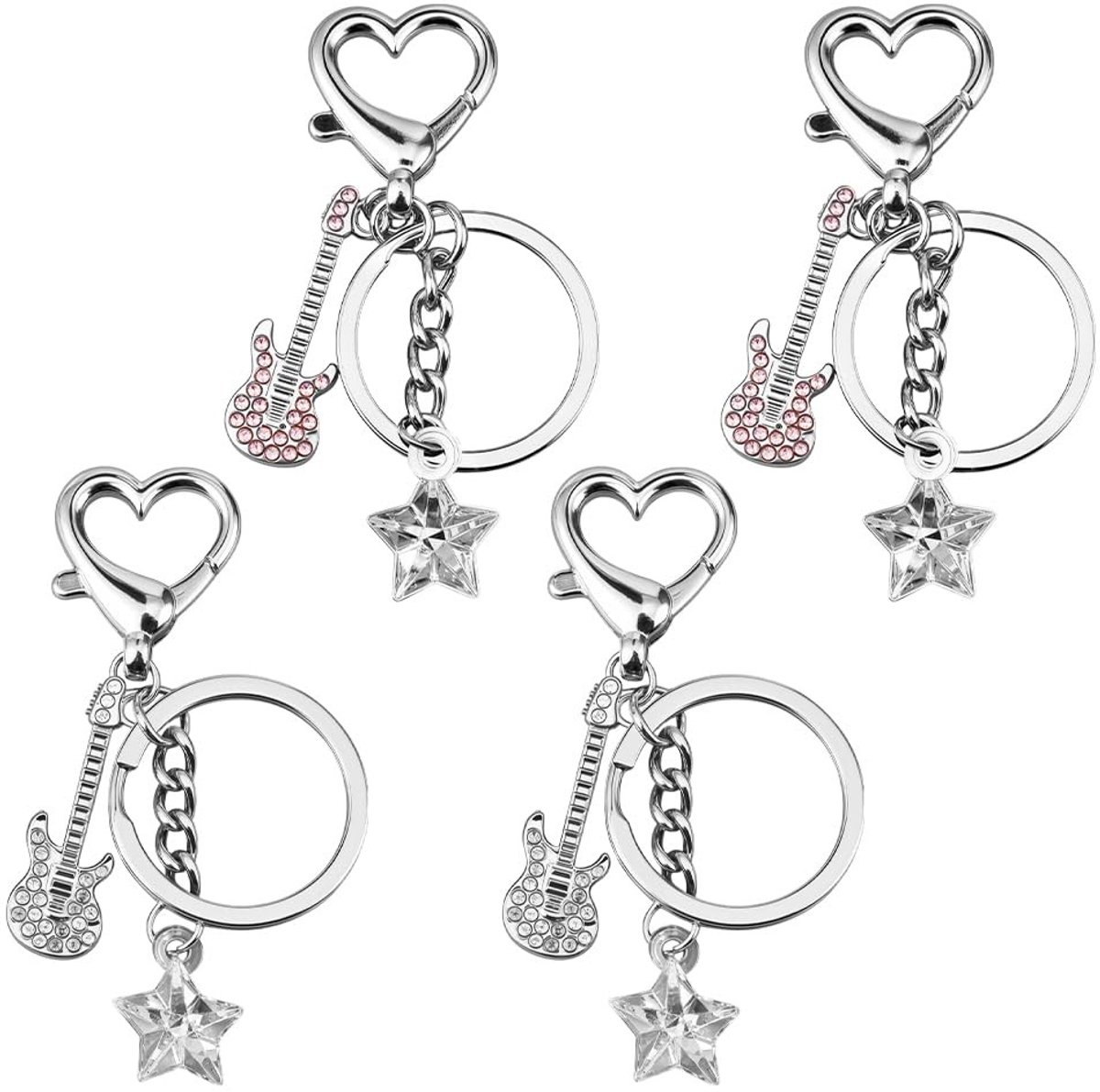 Dailygoods- Gitaarsleutelhanger met kristallen - Sleutelhanger met ster - Sleutelhanger voor volwassenen - Punk rock design - Duurzame legering - Hartsluiting