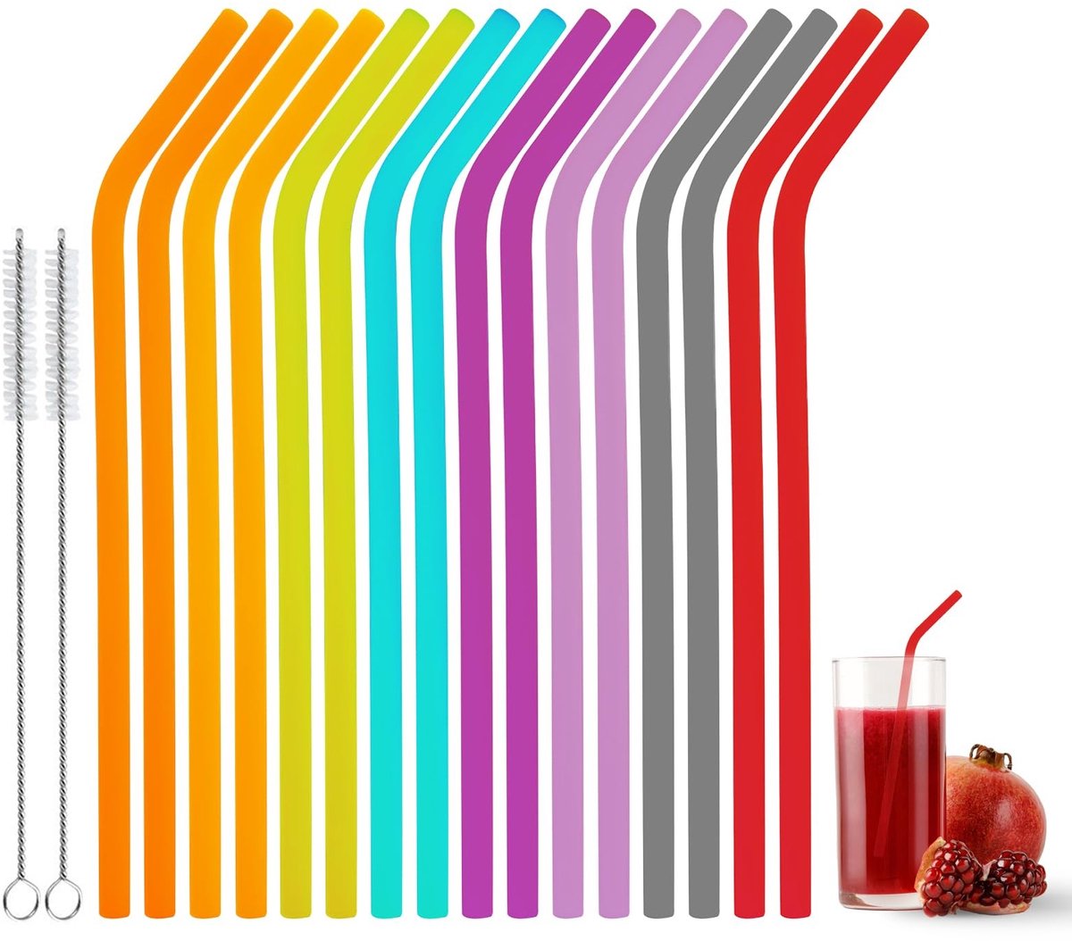 Dailygoods- Siliconen Rietjes 16 Stuks - Herbruikbare Rietjes - Kleurrijke Rietjes - Inclusief Reinigingsborstels - Voor Drankjes - Afval Verminderen - Drinkrietjes