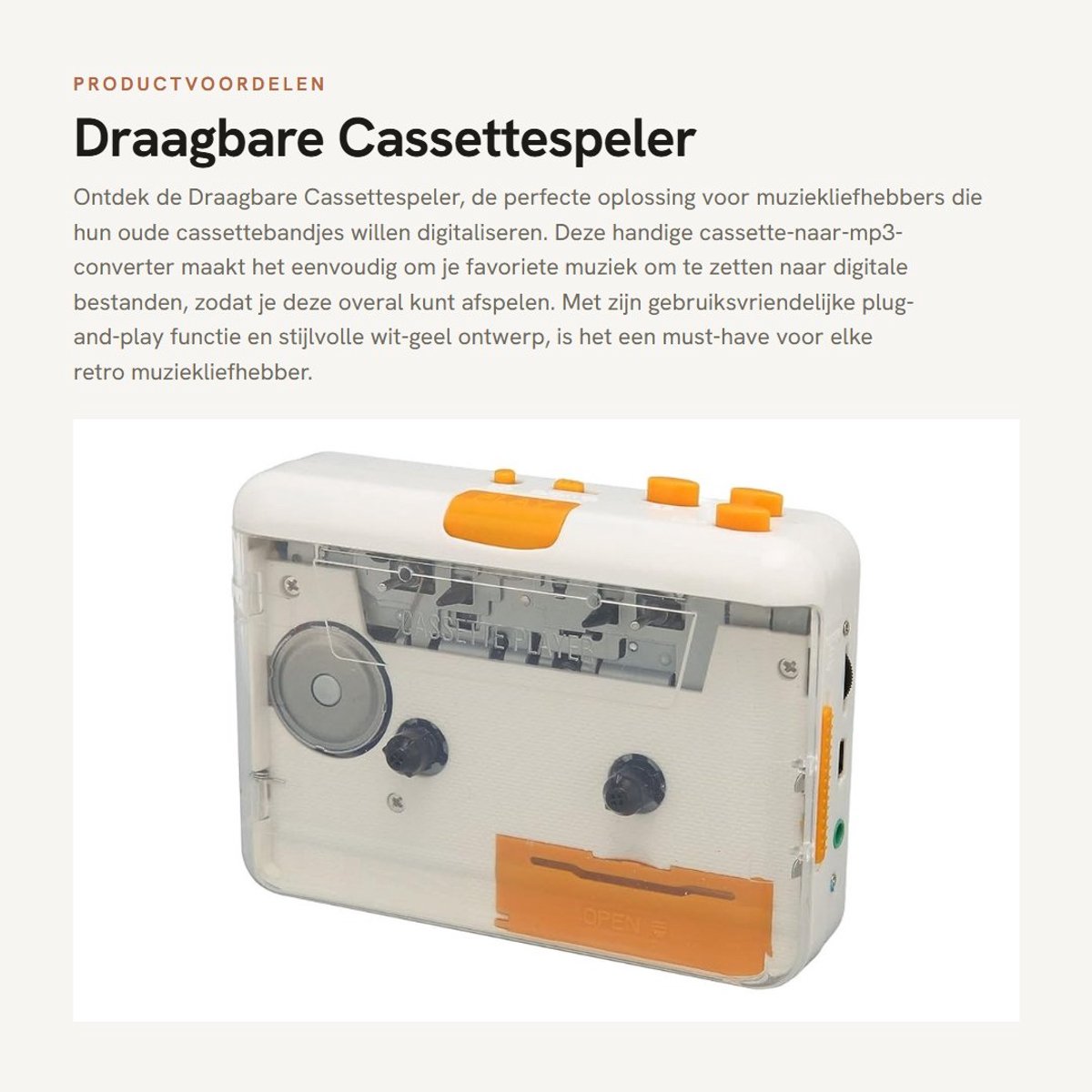 Dailygoods - Draagbare Cassettespeler - Cassette-naar-mp3-converter - Plug-and-play - Wit en Geel - USB-cassette-opname - Geschikt voor muziekliefhebb...