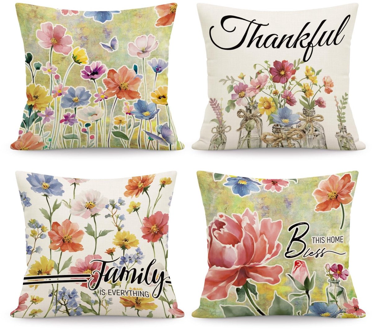 Dailygoods- Kussenhoezen Set van 4 - Kleurrijke Lente Bloemen - Linnen - 45 x 45 cm - Decoratieve Kussenhoezen - Verborgen Ritssluiting - Kussenslopen