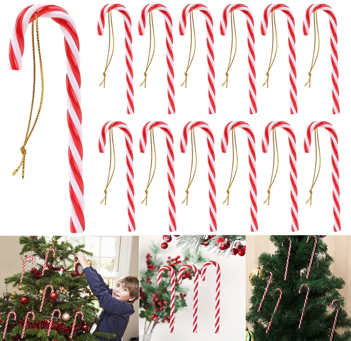 Dailygoods- Suikerstokken Set van 12 - Kerstboomversiering - Hangers - Rode/Witte Suikerstokken - PVC - 11cm met Gouden Linten - Kerstdecoratie