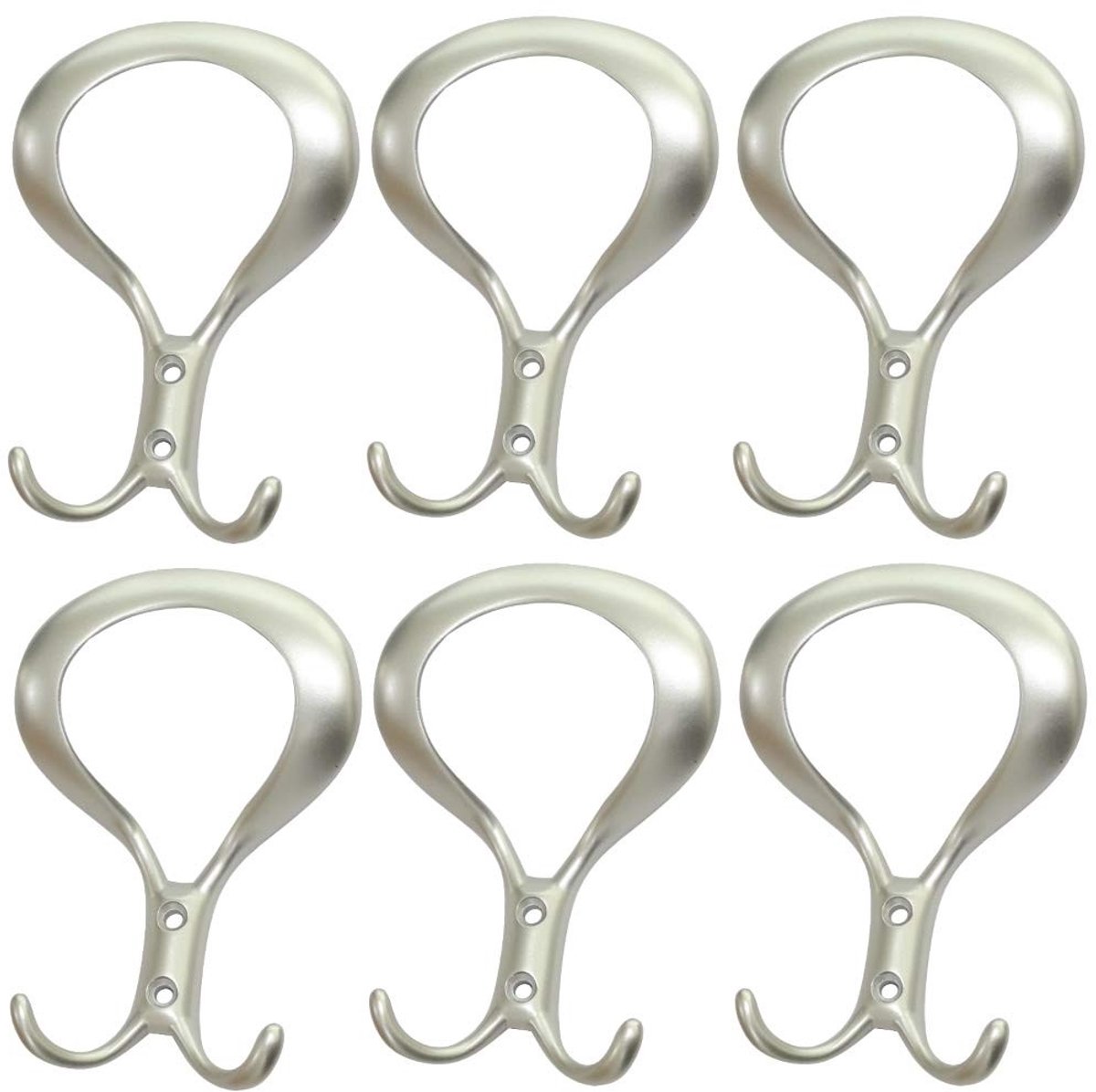 Dailygoods- Wandhaken Set van 6 - Zilverkleurig Satijn - Metaal - Afmetingen 128/87 mm - Geschikt voor Deuren/Meubels - Serie Vistule - Haak