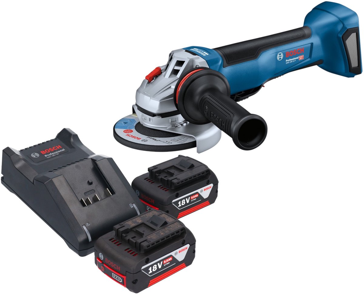 Bosch GWS 18V-10 P Professional accu-haakse slijper 18 V 125 mm borstelloos + 2x accu 5,0 Ah + oplader