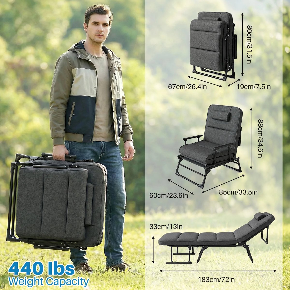 MakkelijkMooi 3-in-1 Ligstoel - Fauteuil - 6 Verstelbare Rugleuningstanden - Comfortabel Grijs Matras - Draagvermogen tot 200 kg thumbnail 5