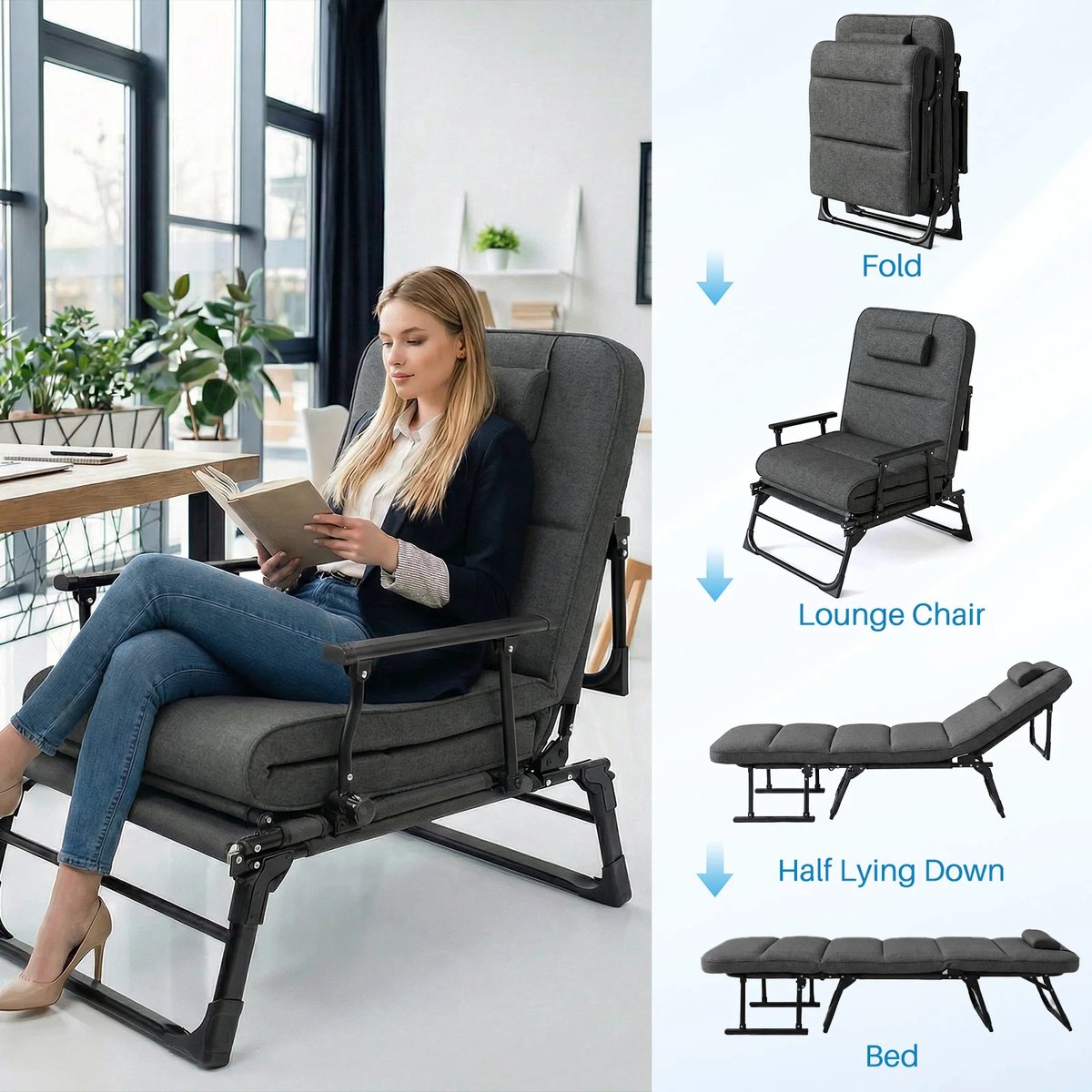 MakkelijkMooi 3-in-1 Ligstoel - Fauteuil - 6 Verstelbare Rugleuningstanden - Comfortabel Grijs Matras - Draagvermogen tot 200 kg thumbnail 4