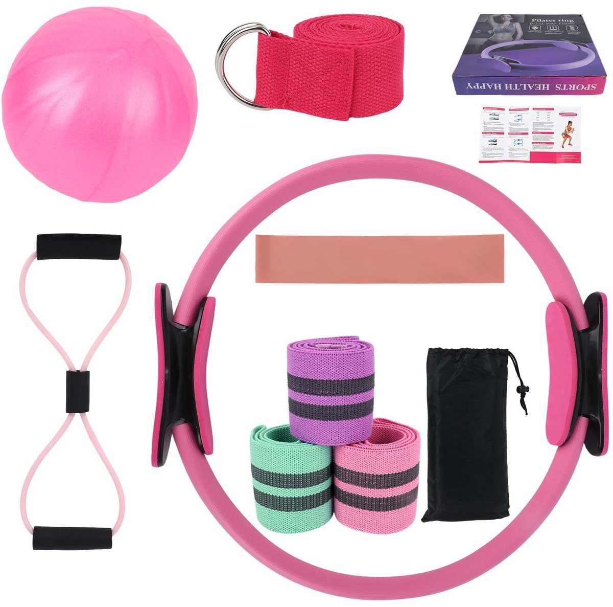 Dailygoods- Pilates Kit 11-delig - Yoga Ring - Yogabal 25 cm - Weerstandsband - Stretchband - Inclusief tas en handleiding - Yoga Set