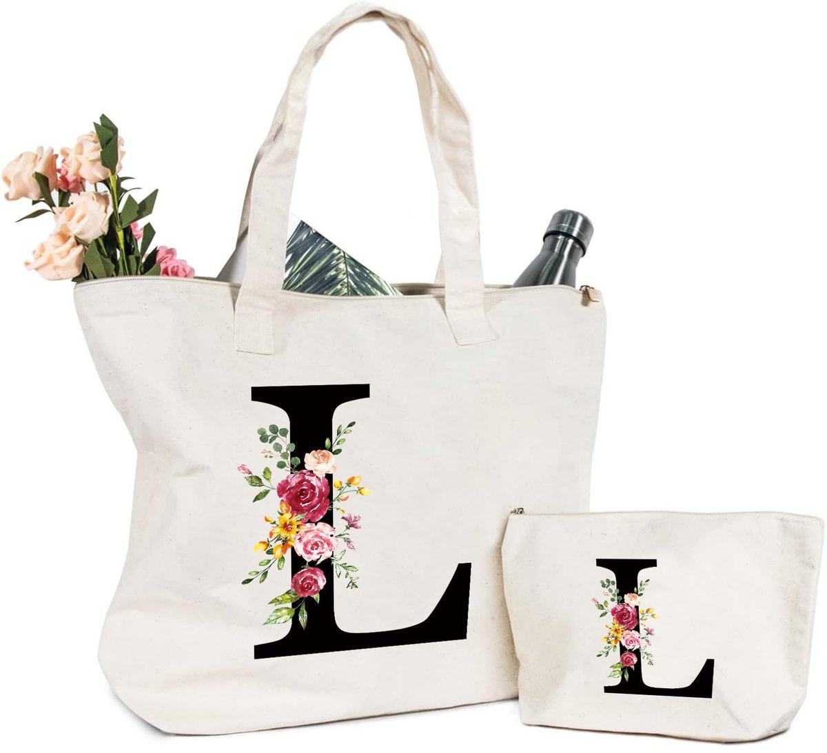Dailygoods- Linnen Tas - Cosmetische Tas met Initialen - Shopper van Katoen - Sterke Ritssluiting - Robuuste Handgreep - Cadeau-idee voor Vrouwen - Cosmetica Tas