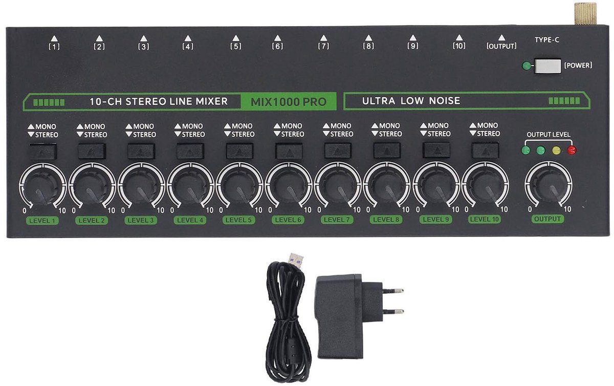 Dailygoods- Audiomixer 10-kanaals - Stereo/Mono-schakeling - Onafhankelijke volumeregeling - Flexibele configuratie - Geschikt voor podiumopnames - Menging van tot 100 signalen - Mengpaneel