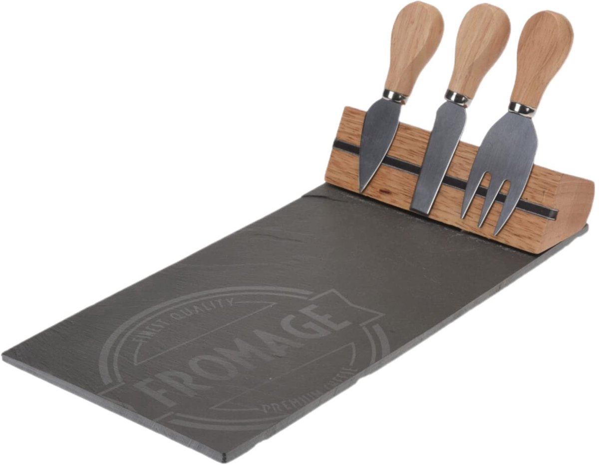 Dailygoods- Kaasplanken 4-delige set - Houten Kaasplank - Kaasmes/Kaasvork - Serveerschaal - 26 x 37 cm - Ideaal voor wijnavond - Kaassnijplank