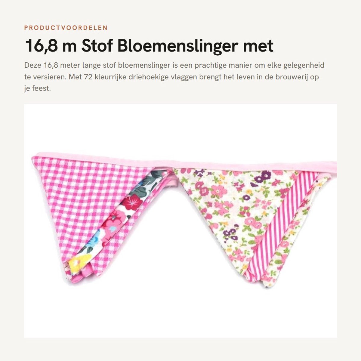Dailygoods- Stof Bloemenslinger - 16,8 m - 72 Driehoekige Vlaggen - Tuindecoratie - Bruiloft - Verjaardag - Katoen - Vlaggenlijn