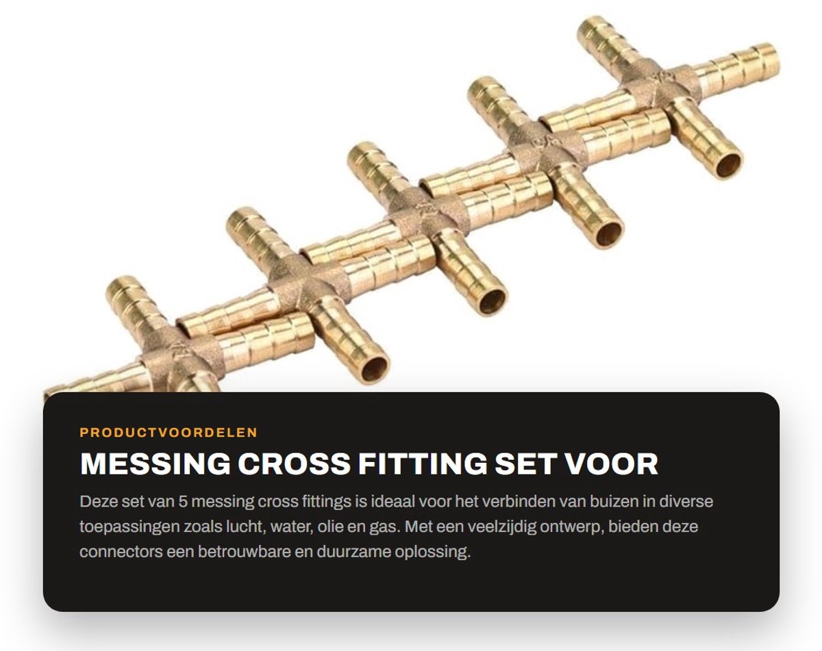 Dailygoods- Slangfitting Messing - 4-Weg Verbindingsstuk - 5 Stuks - Gatdiameter 6/8/10/12 mm - Geschikt voor Lucht/Water/Olie/Gas - Schokbestendig Ontwerp