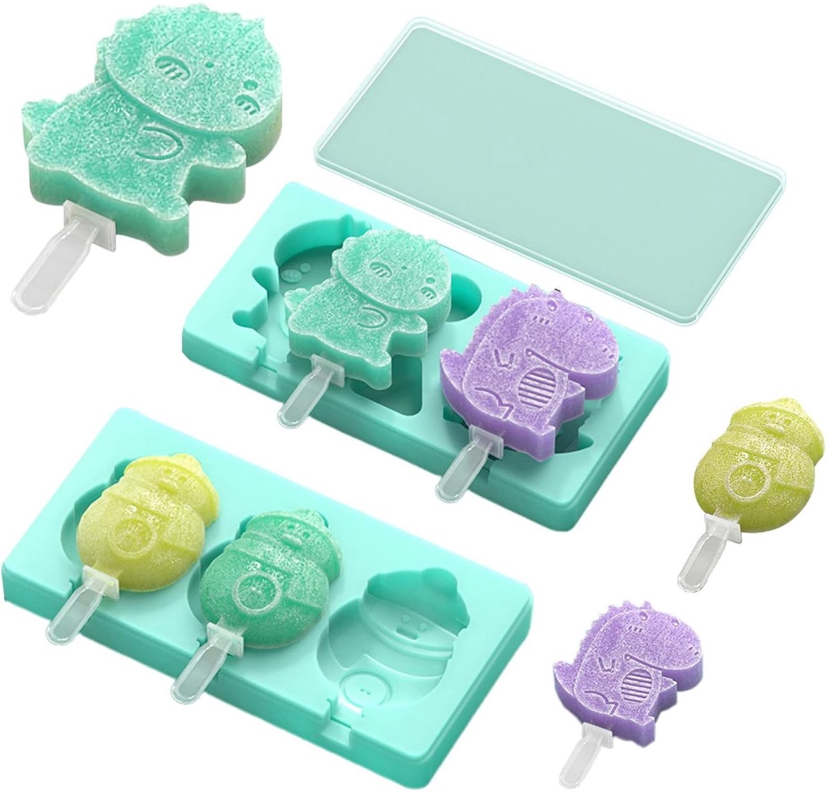 Dailygoods- IJsvormen Siliconen met Deksel - 2 Stuks Popsicle - Ijslollyvormen - Dinosaurus/Sneeuwpop - Grappige Motieven - Inclusief 12 Stokjes - Ijsjesvorm