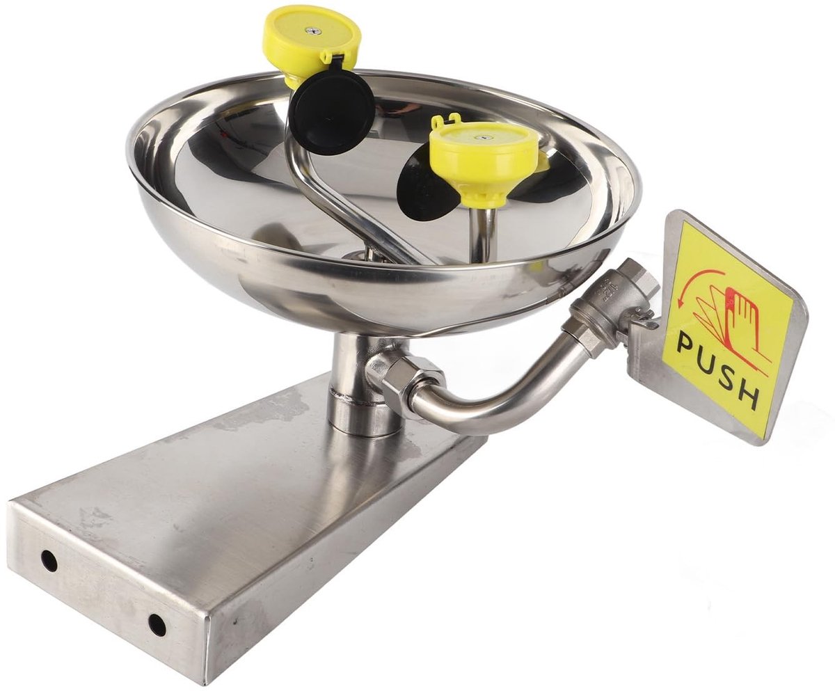 Dailygoods - Dubbel mondstuk - Oogspoelstation - Wandmontage - Roestvrij staal 304 - Veiligheidsschild - Ideaal voor werkplaatsen - Compact formaat