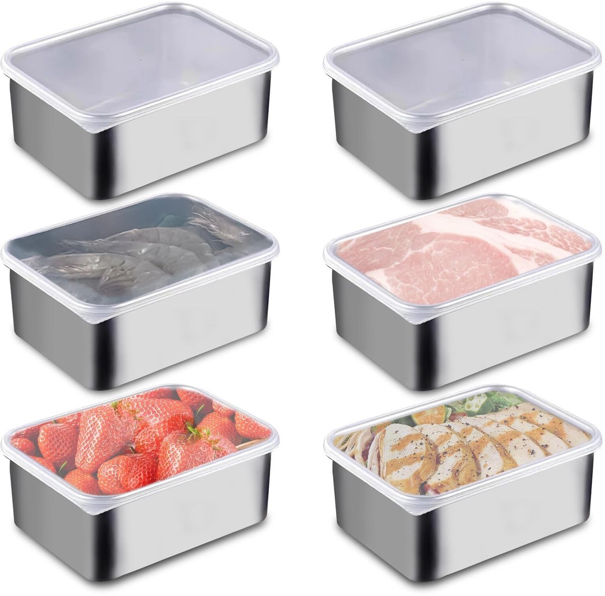 Dailygoods- Voorraaddozen Set van 6 - Roestvrij Staal - Stapelbaar - Voedselbereidingsdozen - Transparant Deksel - 500 ml - Voedselopslag