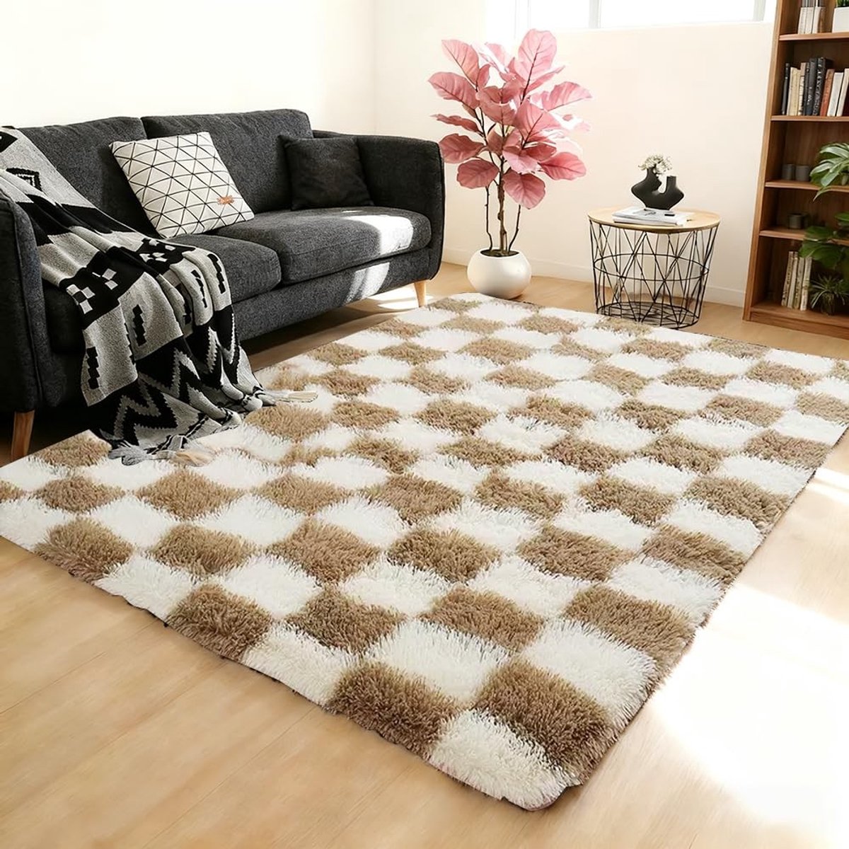 Dailygoods- Tapijt hoogpolig 140 x 200 cm - Wasbaar - Antislip - Zacht - Dambordpatroon - Stofzuigerbestendig - Vloerkleed