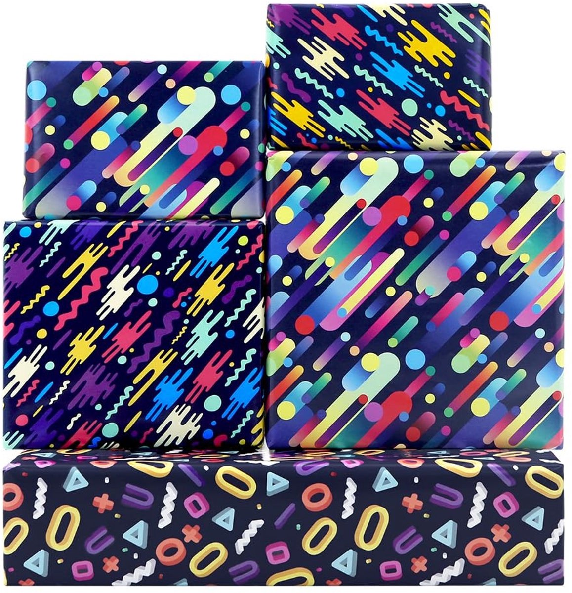 Dailygoods- Cadeaupapier Retro 80s/90s - Inpakpapier Verjaardag - 6 Vellen 50x70 cm - Neon Feest - Geschikt voor Kinderen - Trendy Ontwerp
