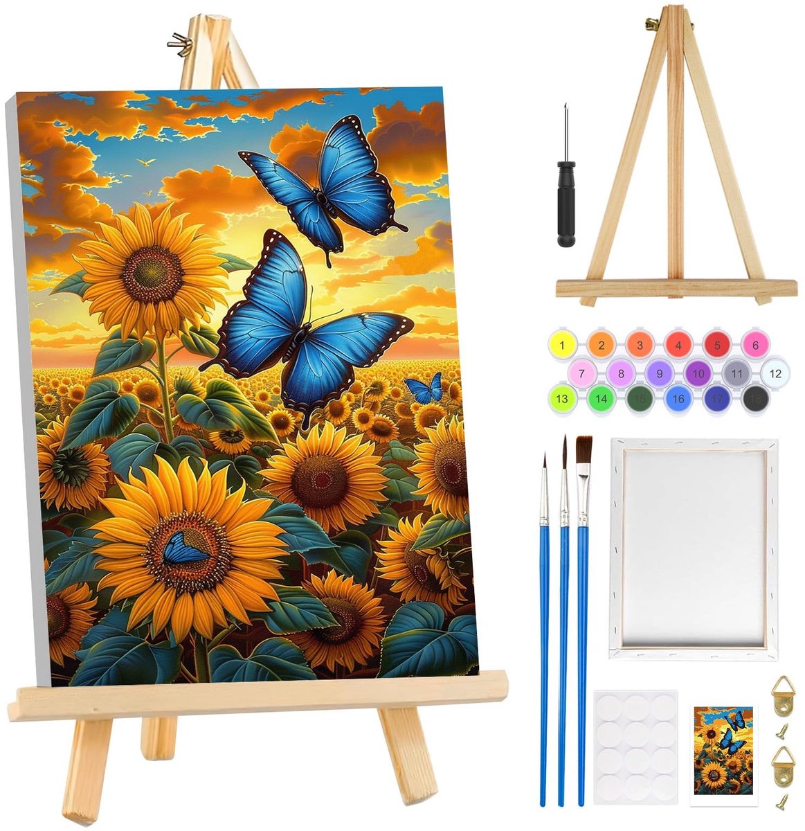 Dailygoods- Schilderen op Nummer - Zonnebloemen met Lijst - Vlinder voor Volwassenen - Houten Ezel - Creatieve Hobby's - Voor Beginners - Doe-het-zelf Schilderen