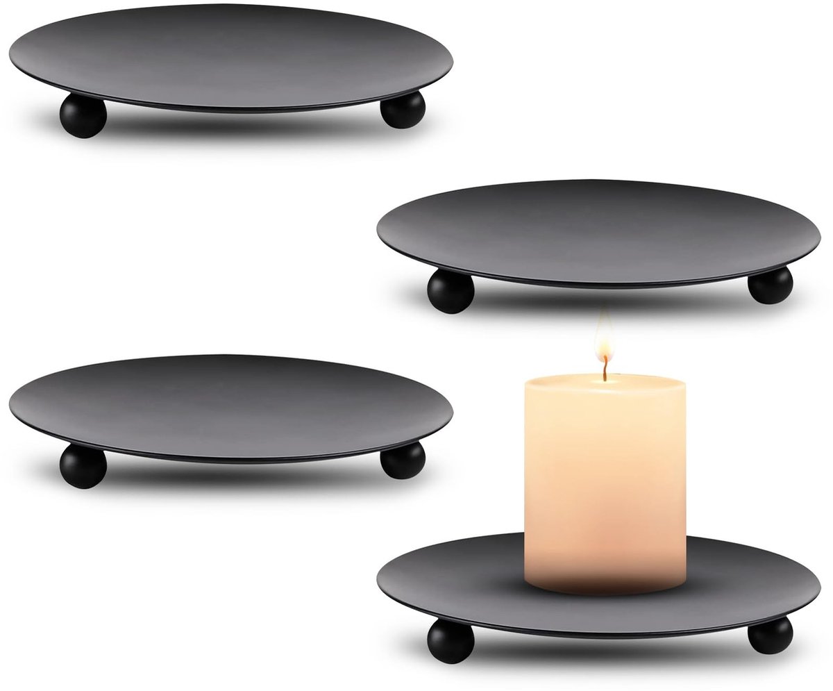 Dailygoods- Kaarshouder 4 Stuks - Zwarte Ronde Kaarsenplaat - Retro Tafeldecoratie - Kandelaar voor Diner - Pilaarkaarsen - 10 cm Hoogte