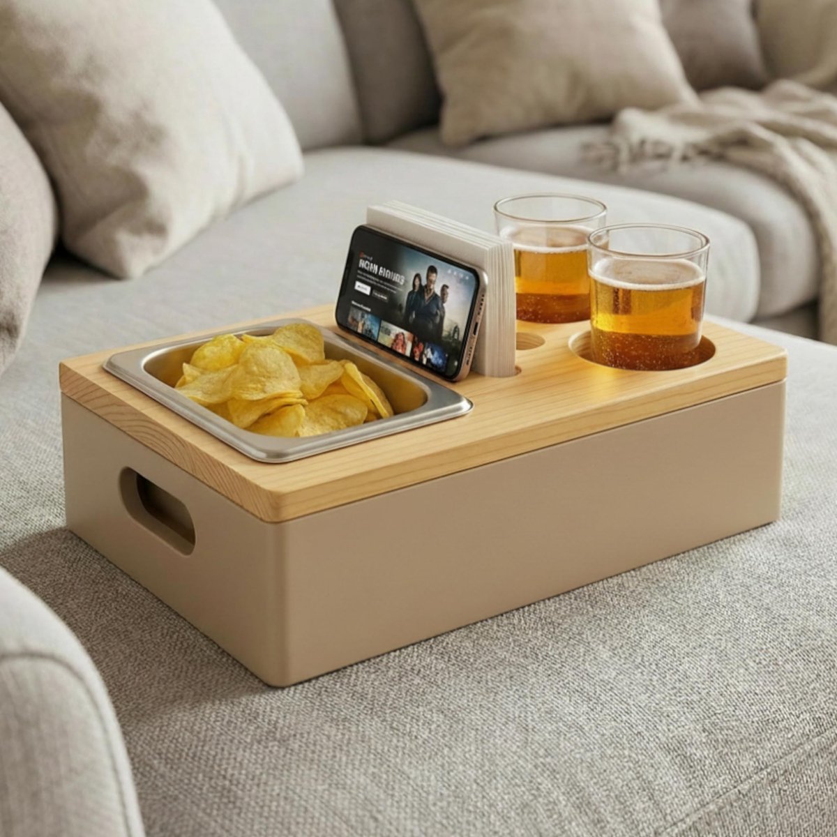 Dailygoods- Bankorganizer met deksel - Opbergdoos - Snackbox - Bekerhouder - Telefoonhouder - MDF met grenenhout
