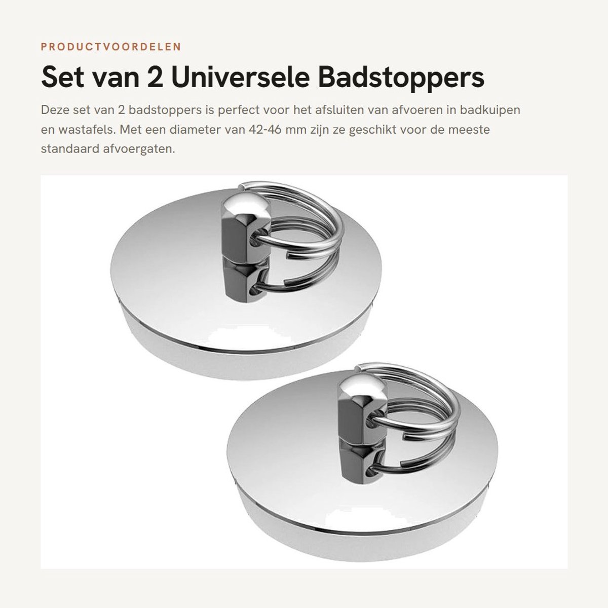 Dailygoods- Badstop 42-46 mm - Set van 2 - Afvoerstop voor badkuip - Gootsteenafvoerstop - Lekvrije rubberen stop - Roestvrij staal met rubberen ring