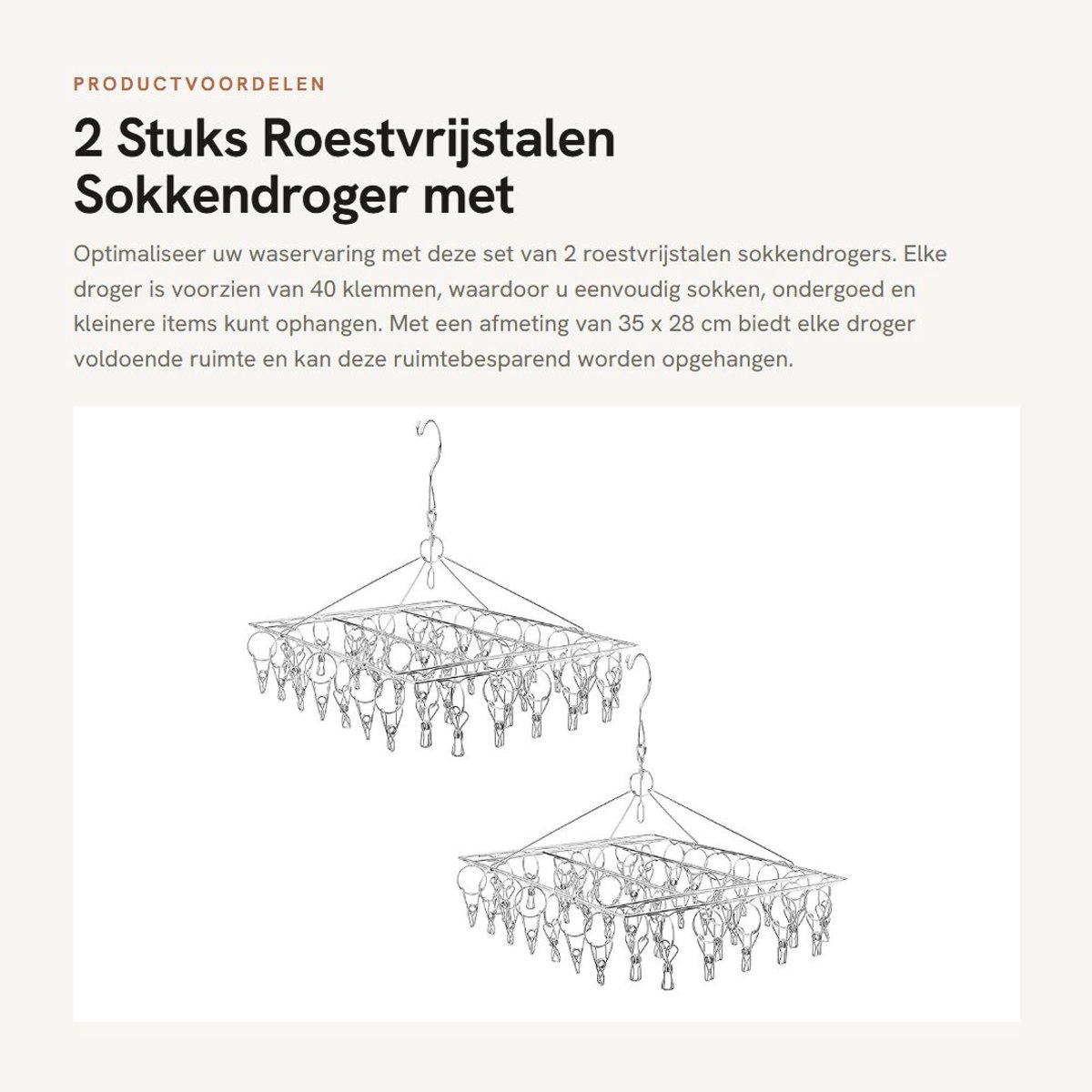 Dailygoods- Sokkendroger set van 2 - Roestvrij Stalen - 35 x 28 cm - Hangend - 40 Klemmen - Ideaal voor Camping/Balkon - Wasrek