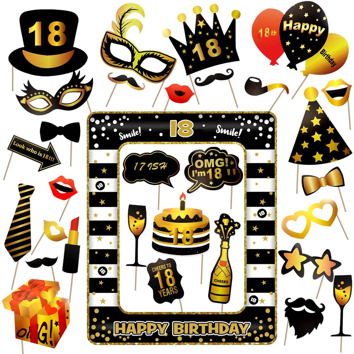 Dailygoods- Fotocol 31 Stuks - Opblaasbaar - Grappige Decoratie - Verjaardag - Selfie Rekwisieten - Zwart/Goud - Herbruikbaar - Fotorekwisieten