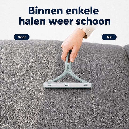 Une main utilise un dépilateur vert clair sur un canapé en tissu, le rendant visiblement plus propre.