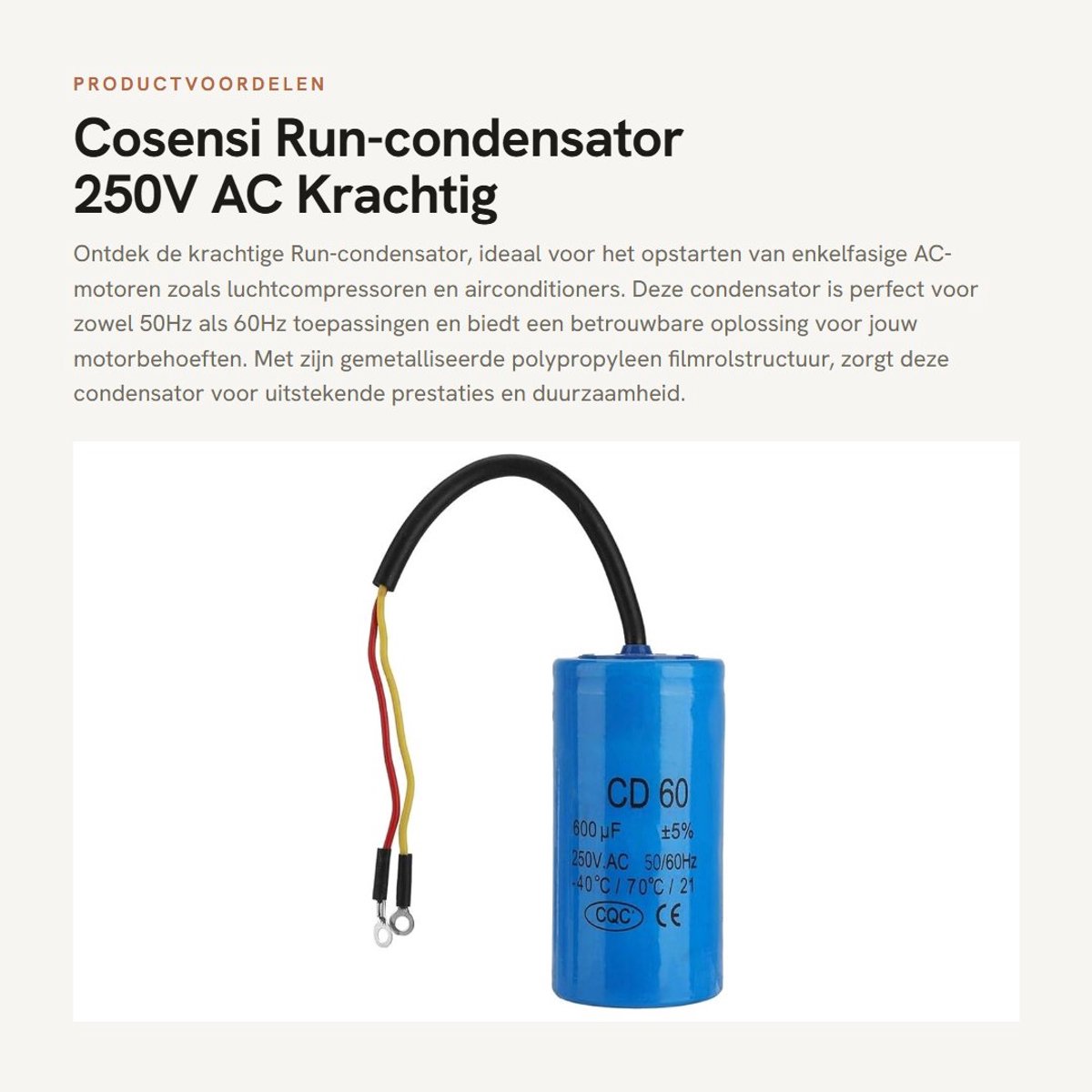 Dailygoods- Condensator 250V AC 600uF - Aanloopcondensator - Hittebestendig - Lichtgewicht - Duurzaam - Betrouwbare isolatieprestaties - Motorcondensator