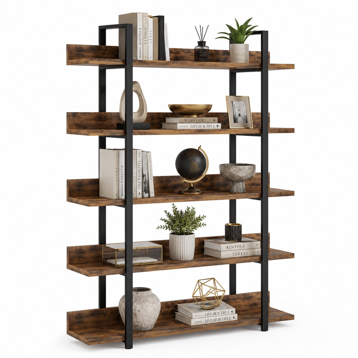 HomeGoodies Boekenkast - Boekenrek - Opbergkast - 5-Laags - Industrieel - Retro - Boekenrek - Met IJzeren Frame - 105x33x180cm Bruin houtlook