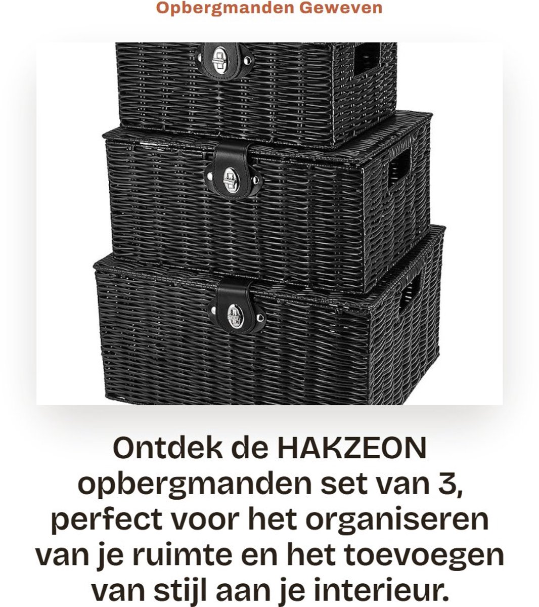 Dailygoods- Opbergmanden Set van 3 - Rieten Mand - Opbergdoos met Deksel - Decoratie - Zwart - Afmetingen: 29/33/36 cm - Opbergdozen