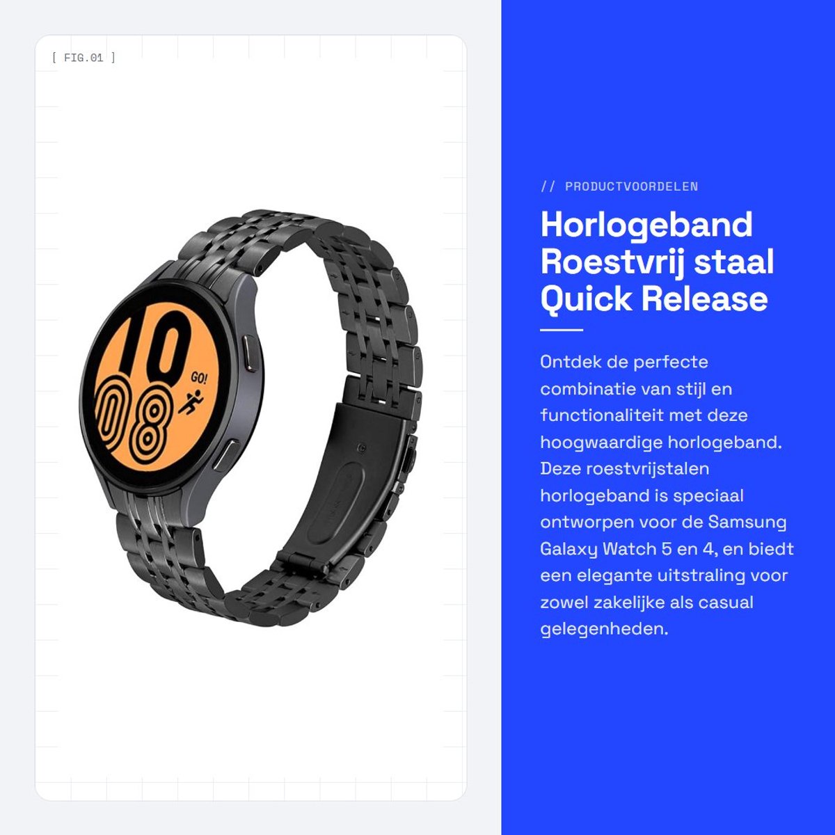 Dailygoods - Horlogeband - Roestvrij staal - Quick Release - Zilver en zwart - Compatibel met Galaxy Watch 5 en 4 - Vervangende band voor heren en dames