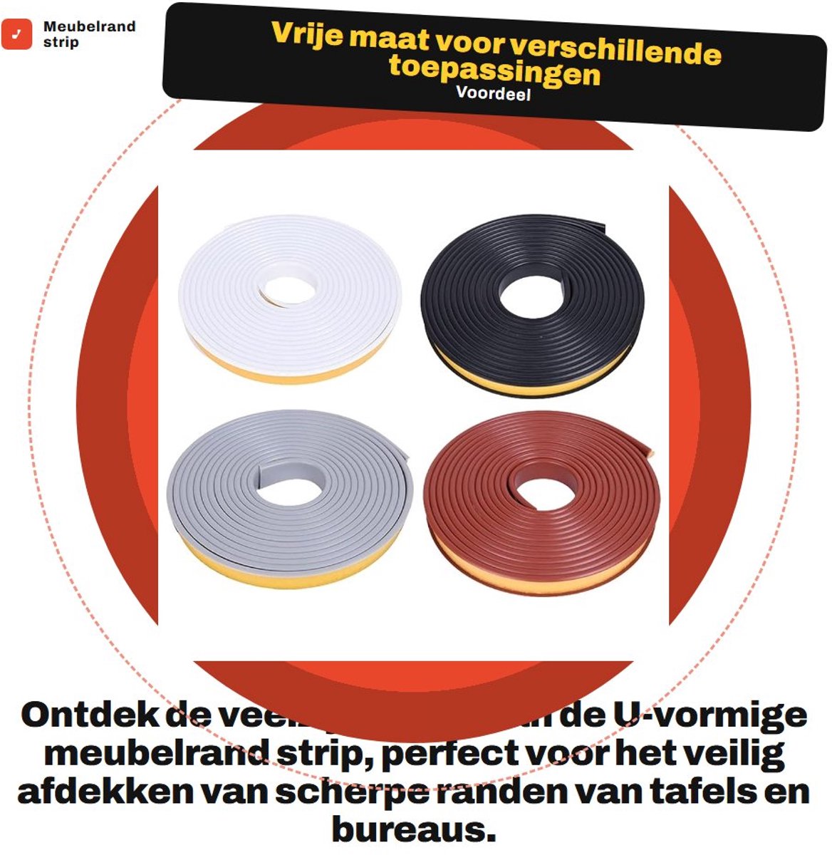 Dailygoods- Meubelrand Strip U-vormig - Zelfklevende Band 3 meter - Flexibele Randbescherming - TPE Kunststof - 40 mm x 3 m - Geschikt voor Tafels en Kasten - Randband