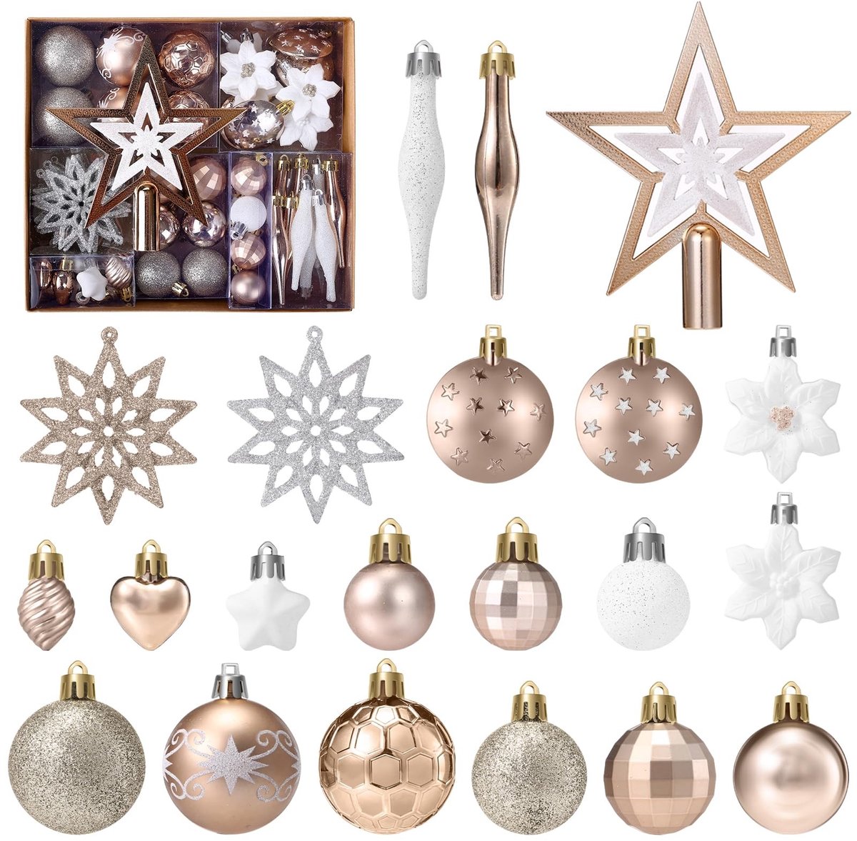Dailygoods- Kerstballen 58 stuks - Wit/Roségoud - Kunststof - Kerstboomversiering - Glittermotieven - Waterdicht/Drupbestendig - Kerstdecoratie