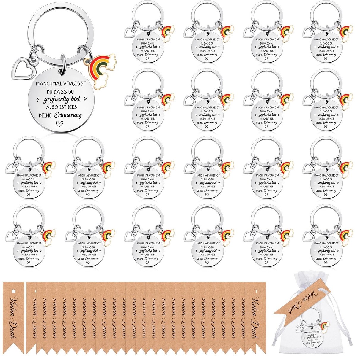 Dailygoods- Bedankje 24 Sets - Afscheidscadeau voor Collega's - Bedankjes voor Vrienden - Inspirerende Regenboogsleutelhanger - Hartelijk Dank Cadeauhangers - Organza Zakje - Bedankcadeau