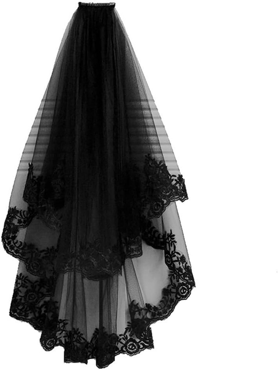 Lace Sluier - Dames Sluier - Feestelijke Gelegenheid - Met Ingebouwde Kam - Dubbele Laag - Zwart