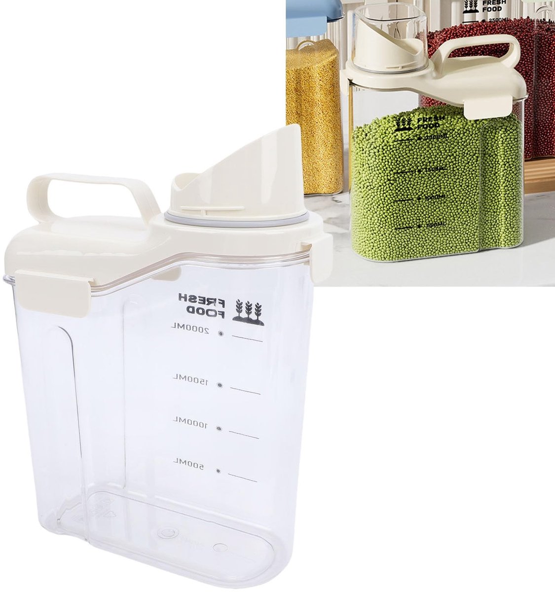 Dailygoods- Rijstopslagcontainer Luchtdicht - Granen/Meel/Bonen - Voedselgranendispenser - Keukenorganisatietrechter - Maatbeker - 2300ml - Voedselopslagcontainer