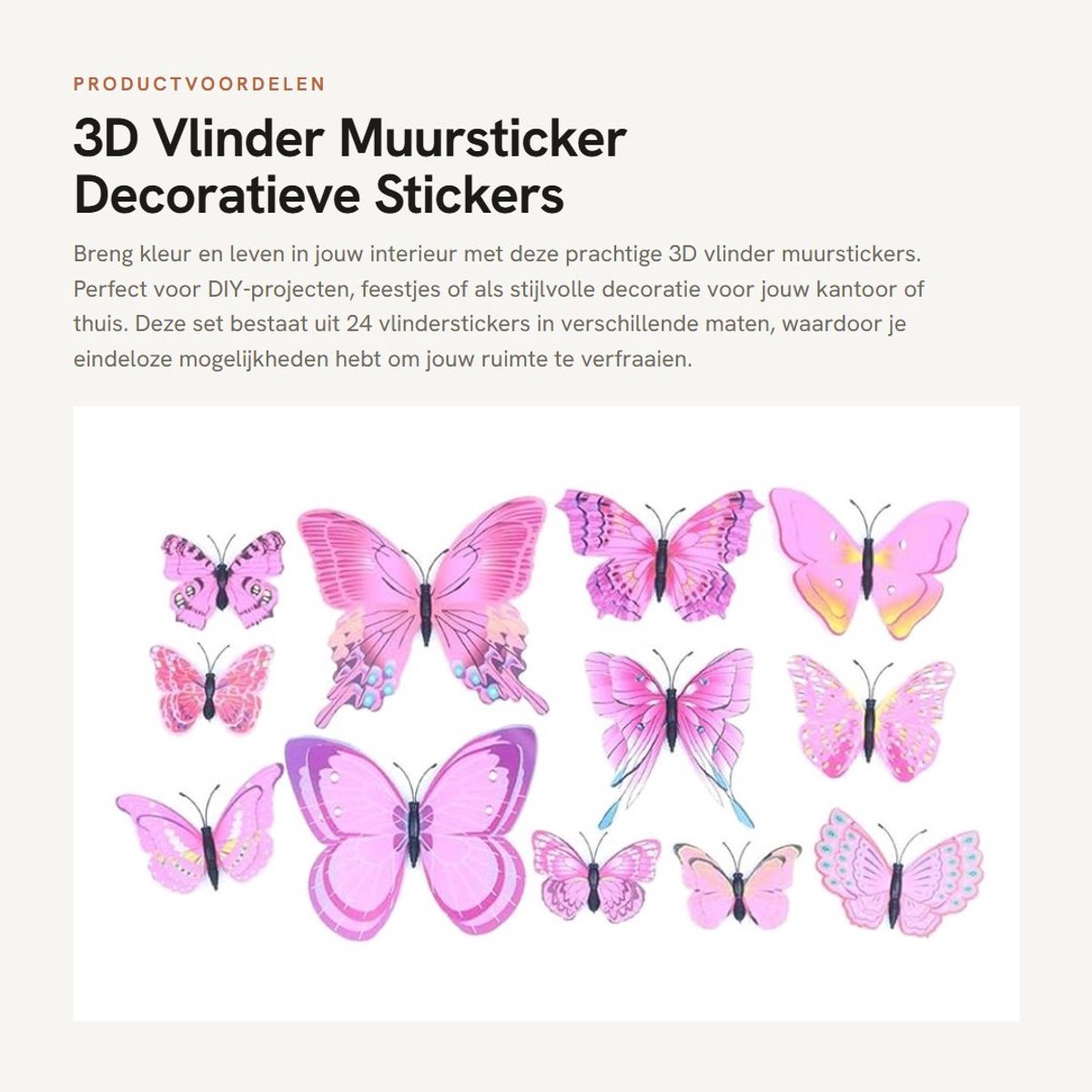 Dailygoods- Muursticker 3D Vlinder - 24 Stuks - Waterdicht PVC - Afneembaar - Meerdere Maten - Decoratie voor Thuis/Kamer - Wanddecoratie