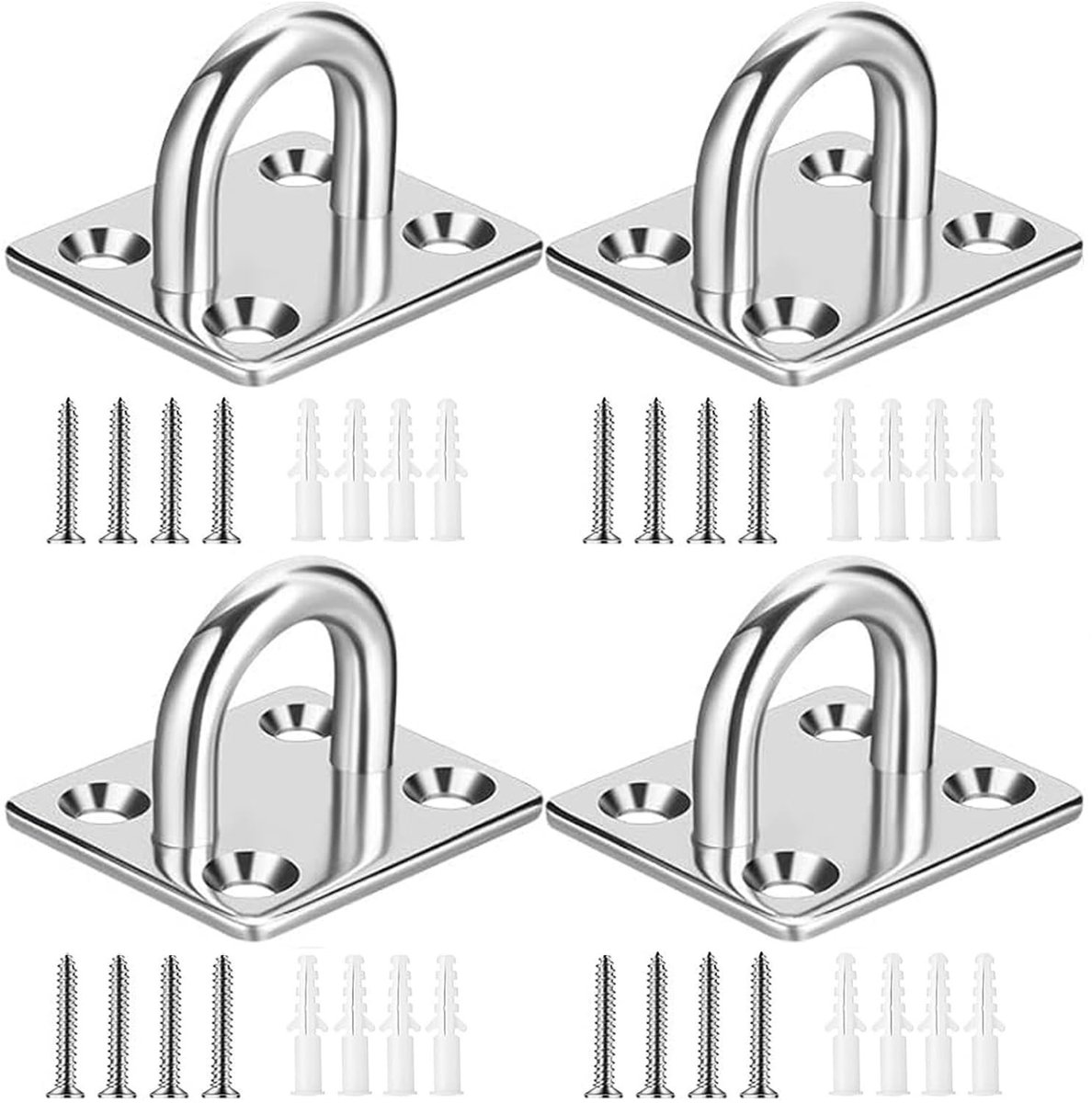 Dailygoods- Pad Eye Plate - Heavy Duty - 4 Stuks - 304 Roestvrij Staal - Beugel voor Hangmat - Muur/Plafond Bevestiging - Inclusief Schroeven en Ankers - Haak