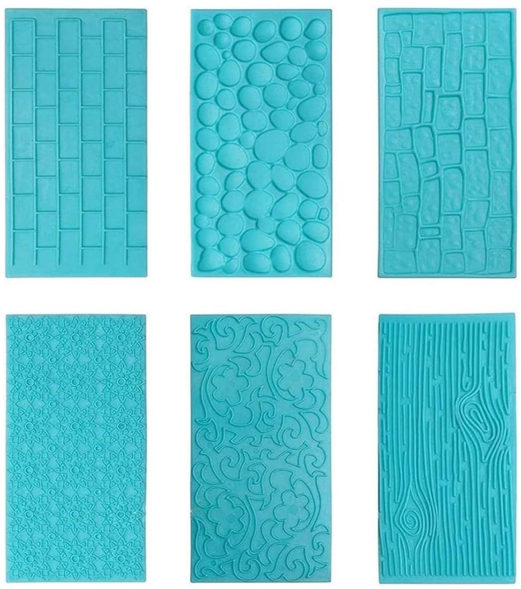 Dailygoods- Fondantmat 6 Stuks - Getextureerde Mat - Voedselveilig Kunststof - Flexibele Mallen - Boomschors/Baksteen/Hout - Realistische Patronen - Cakevorm