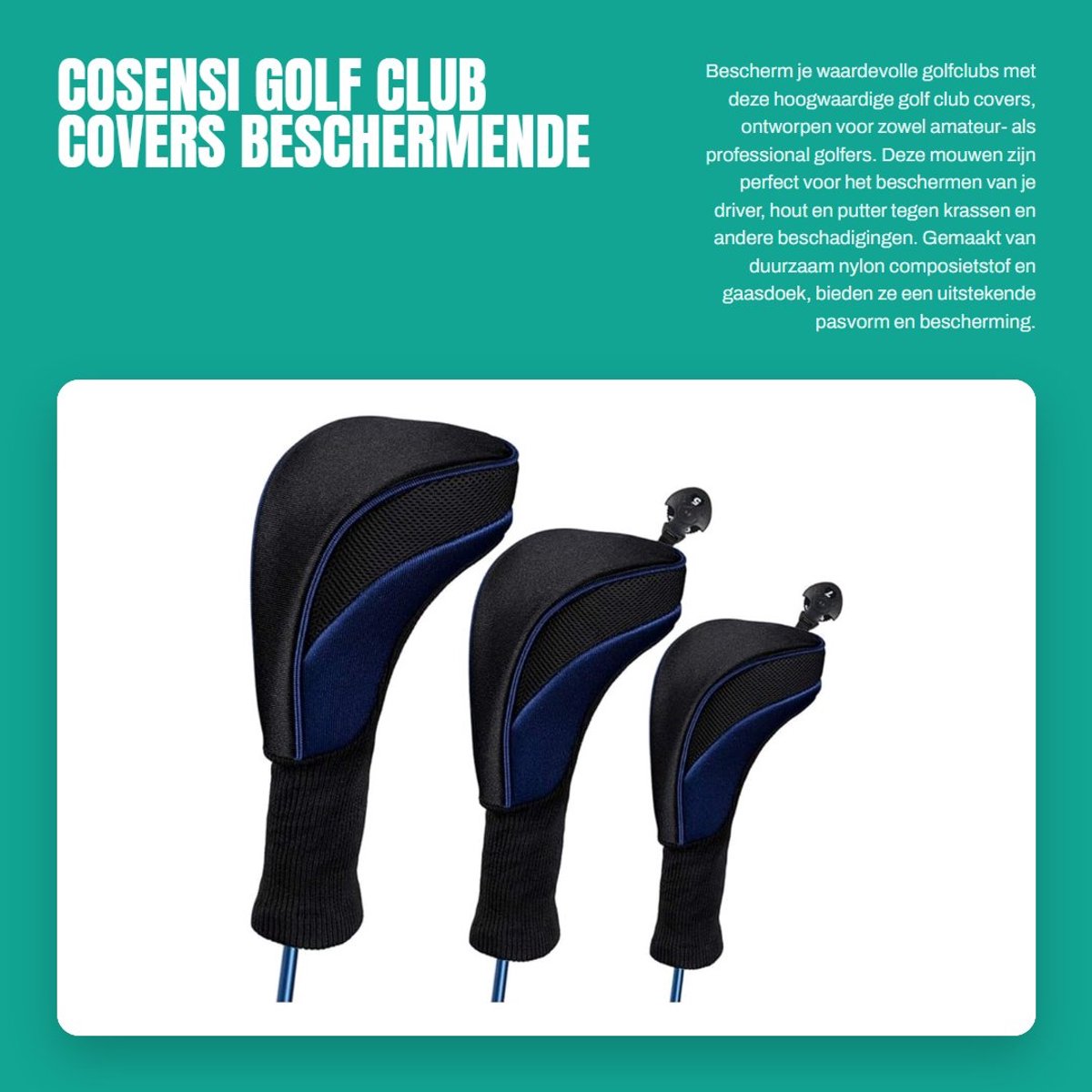 Dailygoods- Golfclub Covers Set van 3 - Beschermende Mouw - Nylon Composietstof - Blauw - Lichtgewicht - Afmetingen 31 x 13 cm - Golfclub Hoes