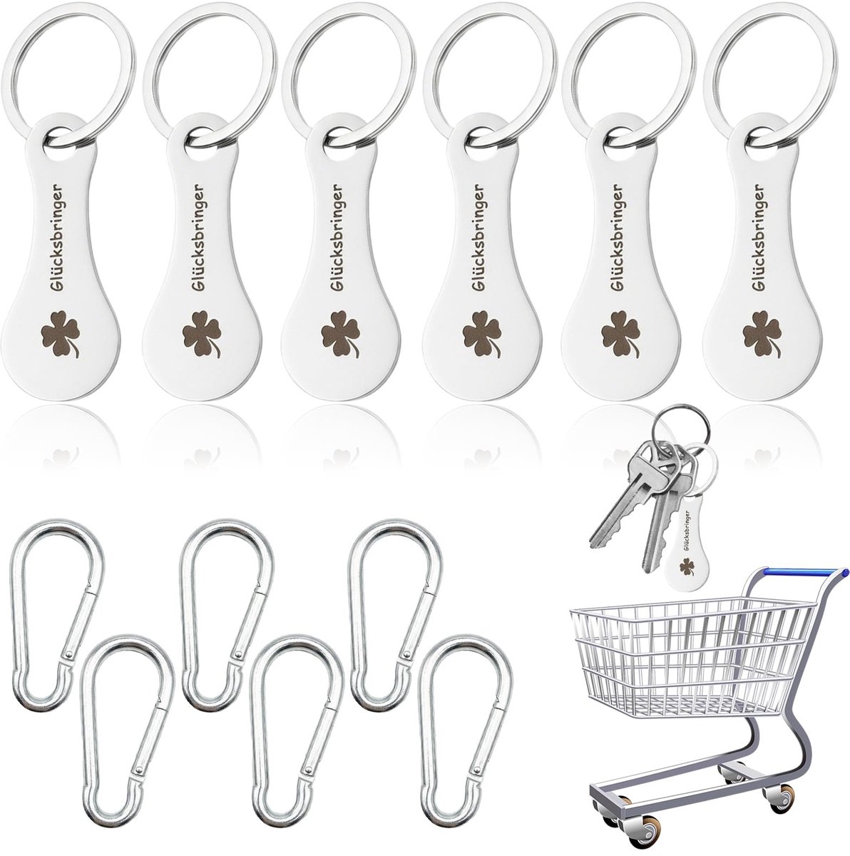 Dailygoods- Winkelwagenopener Set van 6 - Roestvrij Stalen Munt - Sleutelhanger - Klaverblad Design - Karabijnhaak - Duurzaam en Praktisch - Boodschappenschip