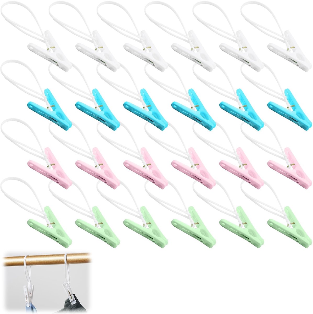 Dailygoods- Wasknijpers 24 stuks - Antislip PP Kunststof/Metaal - Verstelbare Ophangkoord - Duurzaam/Weerbestendig - Ergonomische Grip - Krachtige Veer - Wasclips