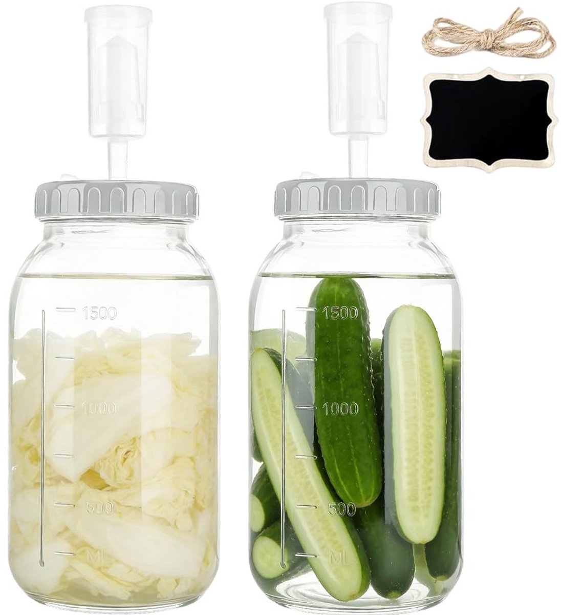 Dailygoods- Fermentatieglas 2 Liter - 2 Stuks - Met Luchtsluis - Schroefdeksel - Voedselveilig Glas - Voor Kimchi/Zuurkool/Kombucha - Fermentator