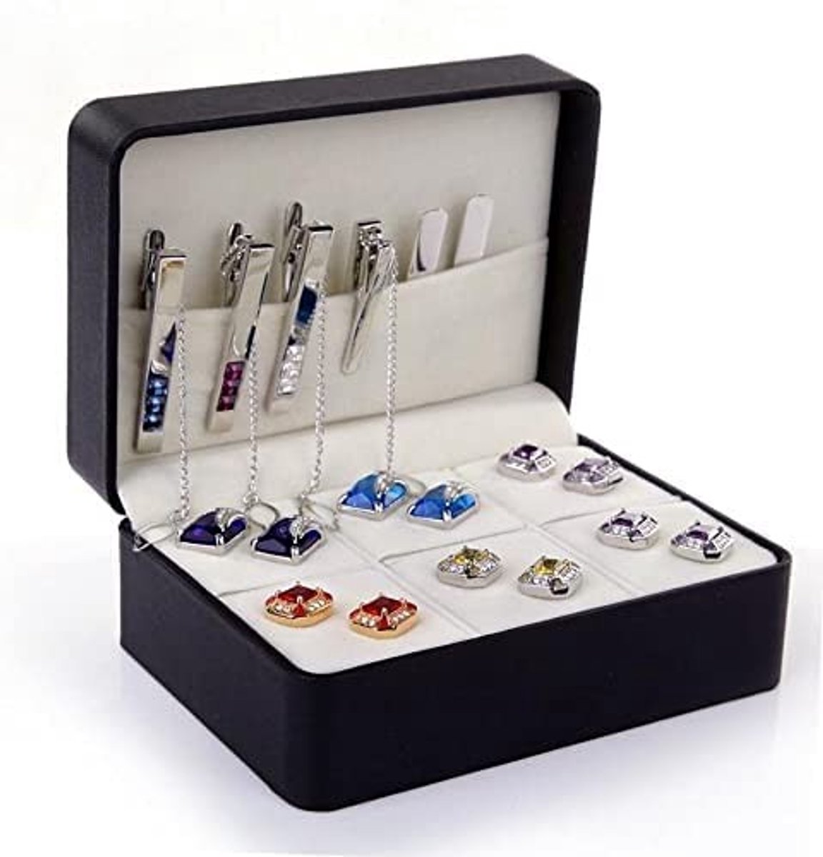 Dailygoods- Opbergdoos PU Lederen - Fluwelen Binnenkant - 6 Roosters - Voor Oorbellen/Ringen - Manchetknopen/Tie Clips - Bescherming tegen Krassen - Sieradenbox