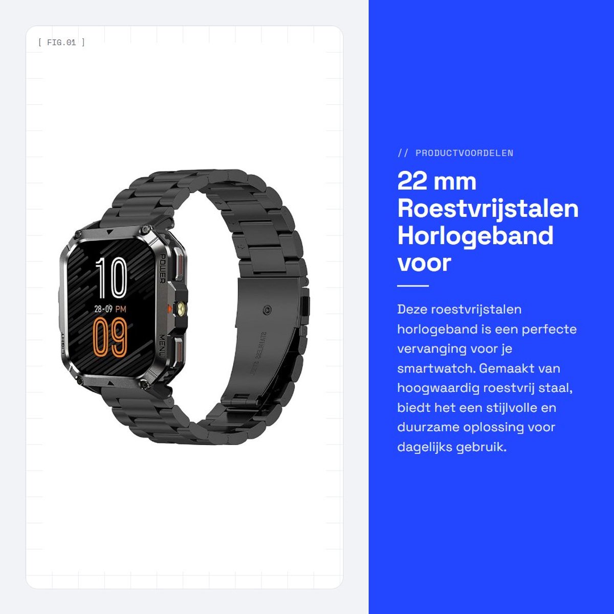 Dailygoods - 22 mm Roestvrijstalen Horlogeband voor Smartwatch, Slijtvast en Stijlvol