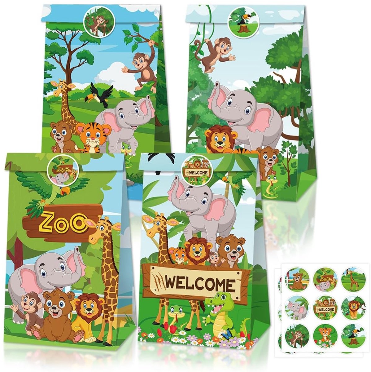 Dailygoods- Feestzakjes 12 Stuks - Kraftpapier - Jungle Dierenontwerp - Snoepzakjes - Geschenkzakjes - Traktatie Tas - Afmetingen 22 x 12 x 8 cm